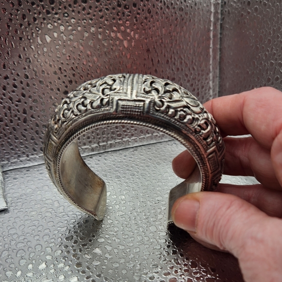 Estate Art Nouveau Sterling Silver Engraved Bracelet Floral Birds Chunky - Picture 8 of 8